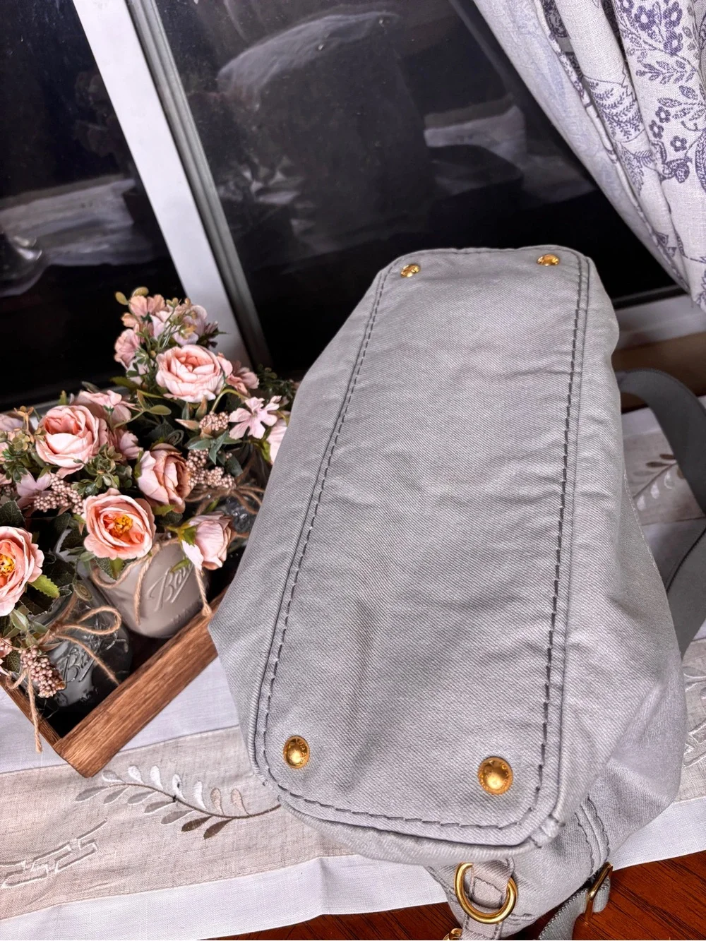 PRADA Gray Canapa Canvas Messenger Tote with Gold-Tone Hardware